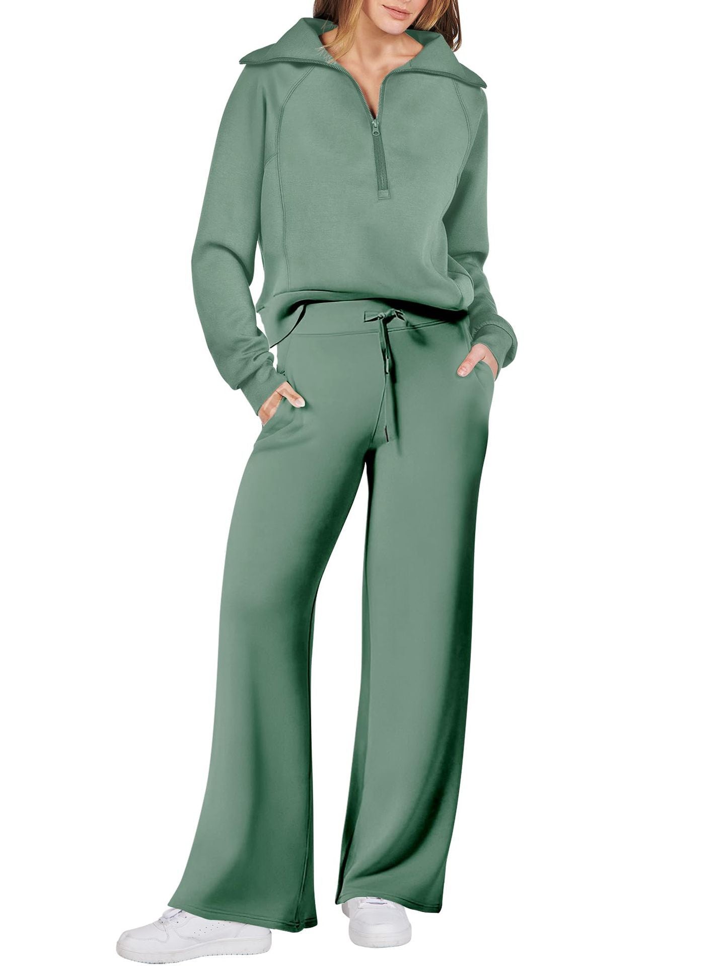 Leisure Sports Suit Long-Sleeve Zipper Sweatshirt Wide Leg Pants Two-Piece Set