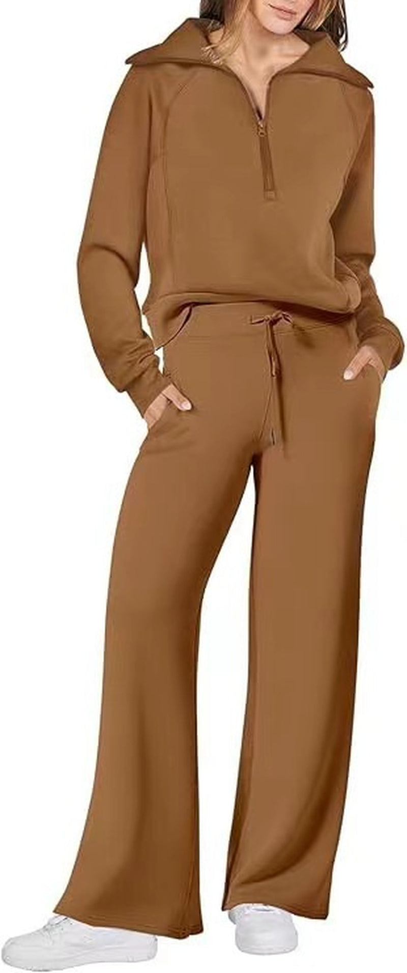 Leisure Sports Suit Long-Sleeve Zipper Sweatshirt Wide Leg Pants Two-Piece Set