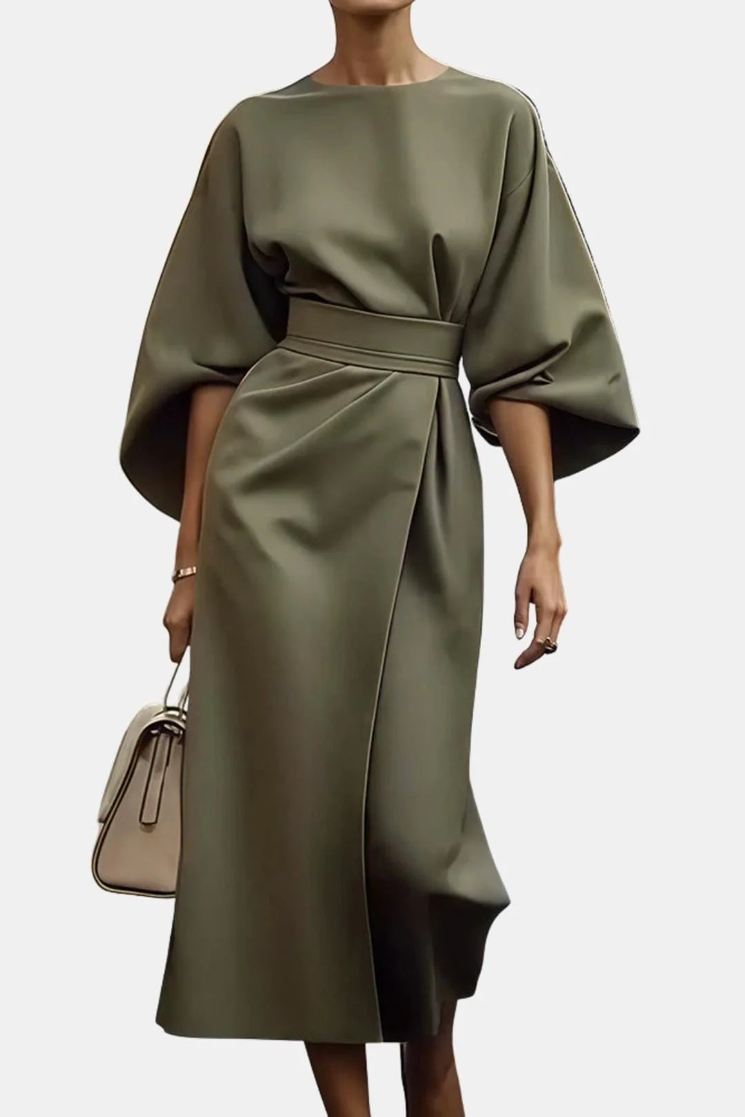 Winona – Elegant Belted Midi Dress with Flowing Silhouette