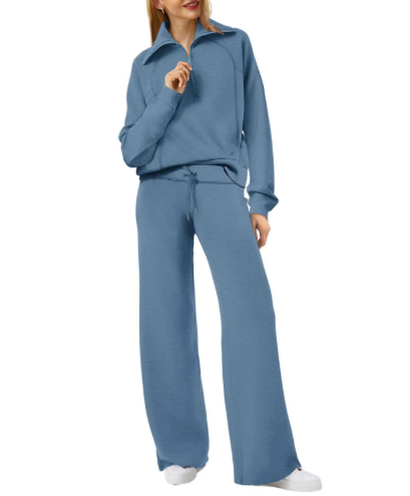 Leisure Sports Suit Long-Sleeve Zipper Sweatshirt Wide Leg Pants Two-Piece Set
