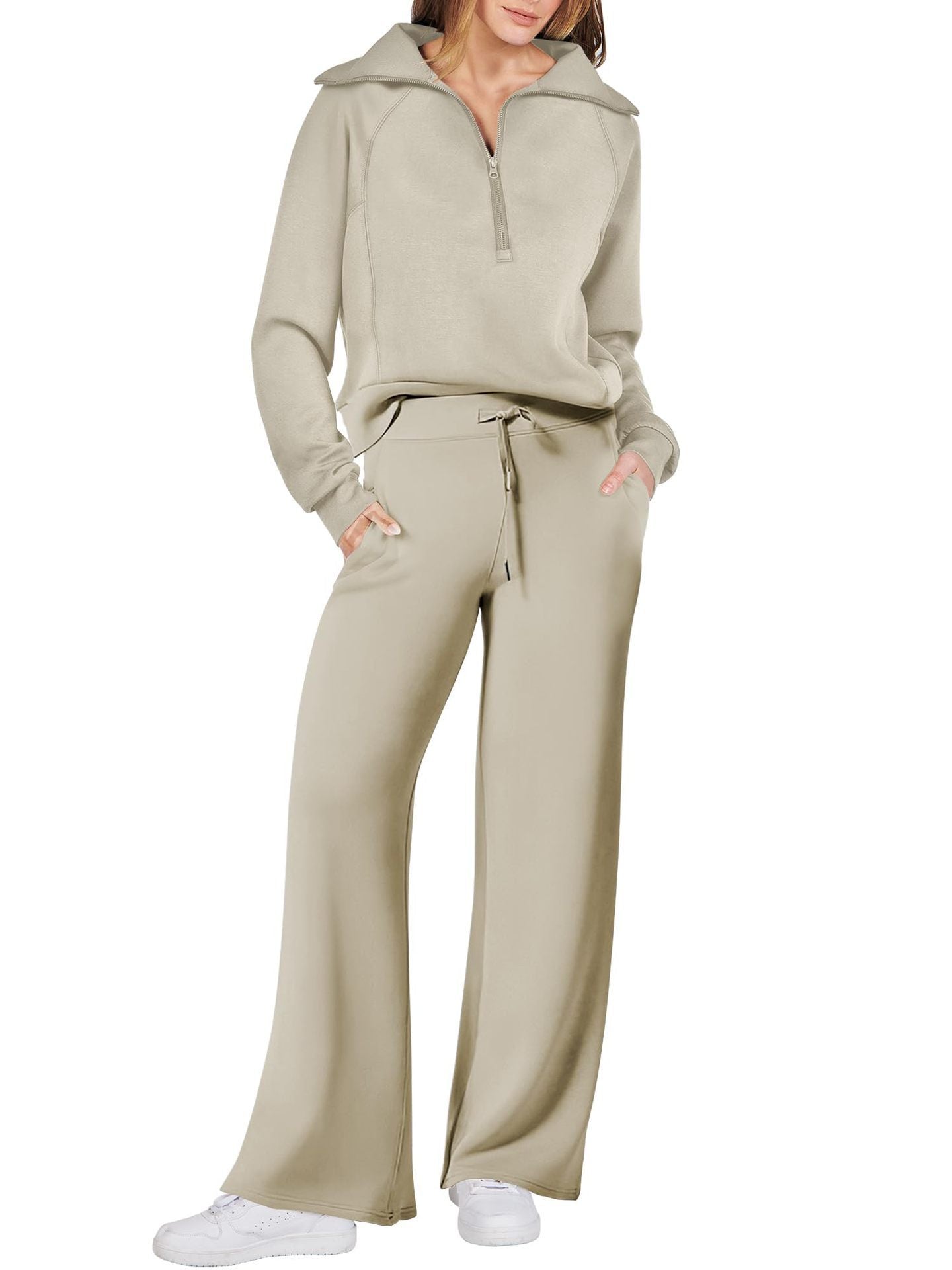Leisure Sports Suit Long-Sleeve Zipper Sweatshirt Wide Leg Pants Two-Piece Set