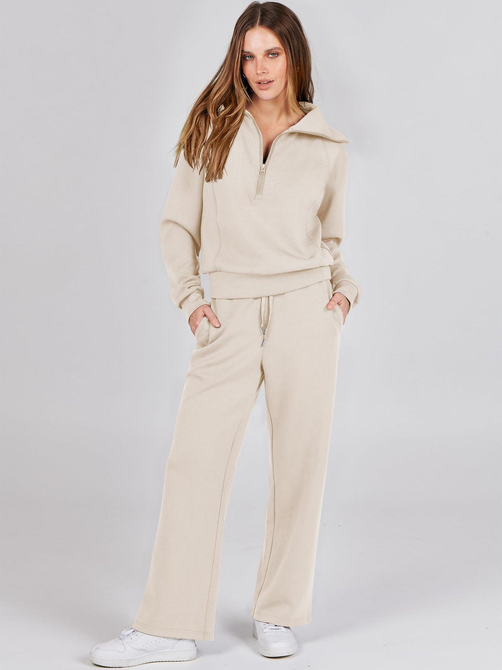 Leisure Sports Suit Long-Sleeve Zipper Sweatshirt Wide Leg Pants Two-Piece Set