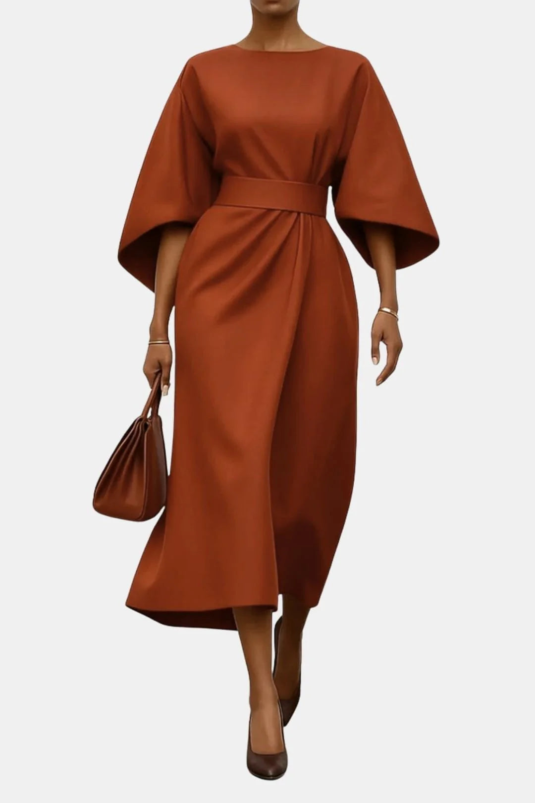 Winona – Elegant Belted Midi Dress with Flowing Silhouette