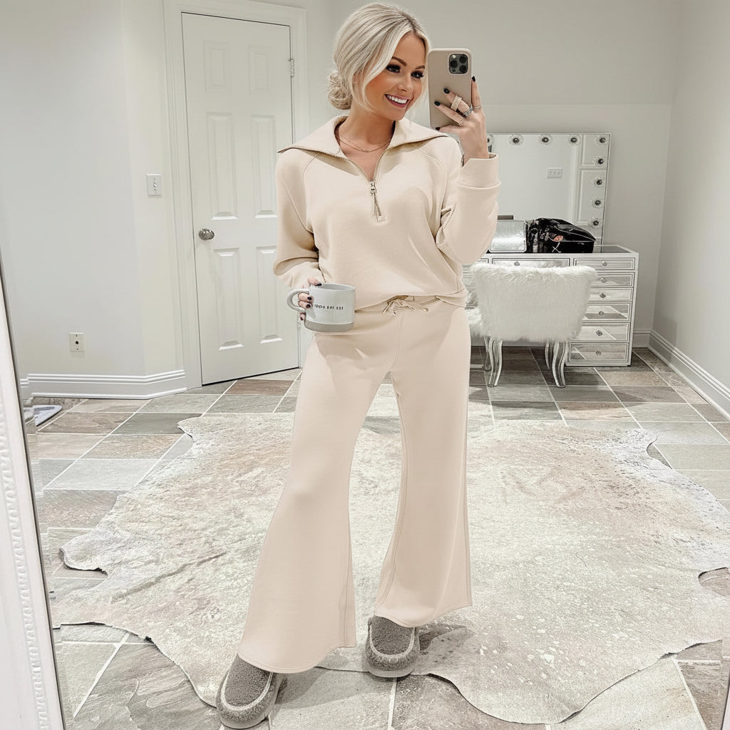 Leisure Sports Suit Long-Sleeve Zipper Sweatshirt Wide Leg Pants Two-Piece Set