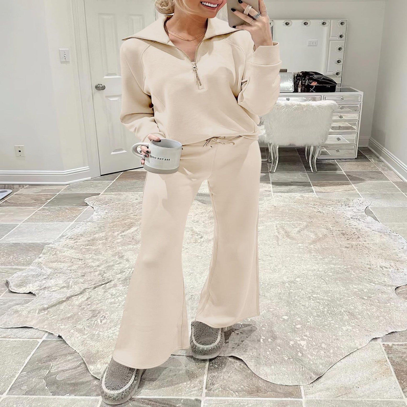 Leisure Sports Suit Long-Sleeve Zipper Sweatshirt Wide Leg Pants Two-Piece Set