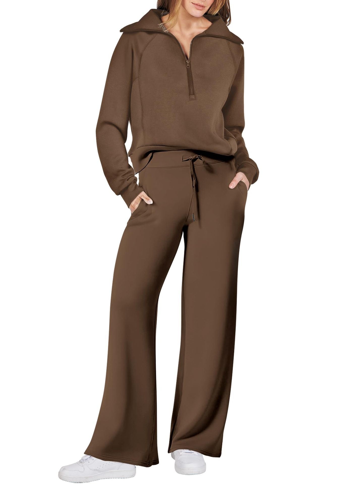 Leisure Sports Suit Long-Sleeve Zipper Sweatshirt Wide Leg Pants Two-Piece Set