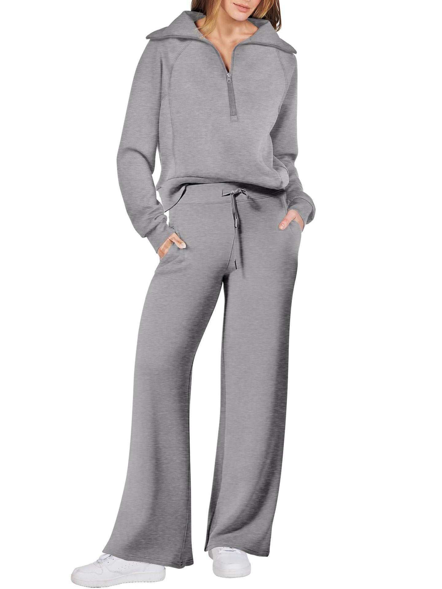 Leisure Sports Suit Long-Sleeve Zipper Sweatshirt Wide Leg Pants Two-Piece Set