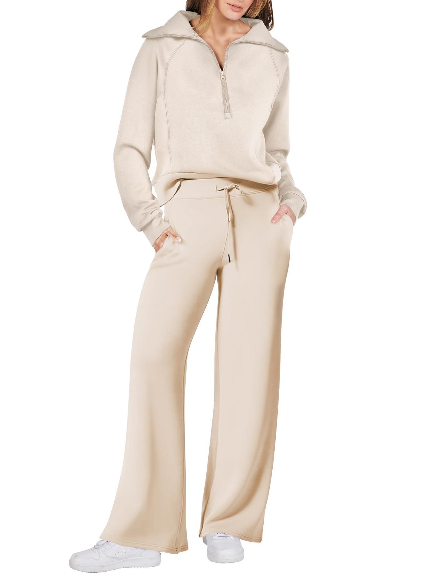 Leisure Sports Suit Long-Sleeve Zipper Sweatshirt Wide Leg Pants Two-Piece Set