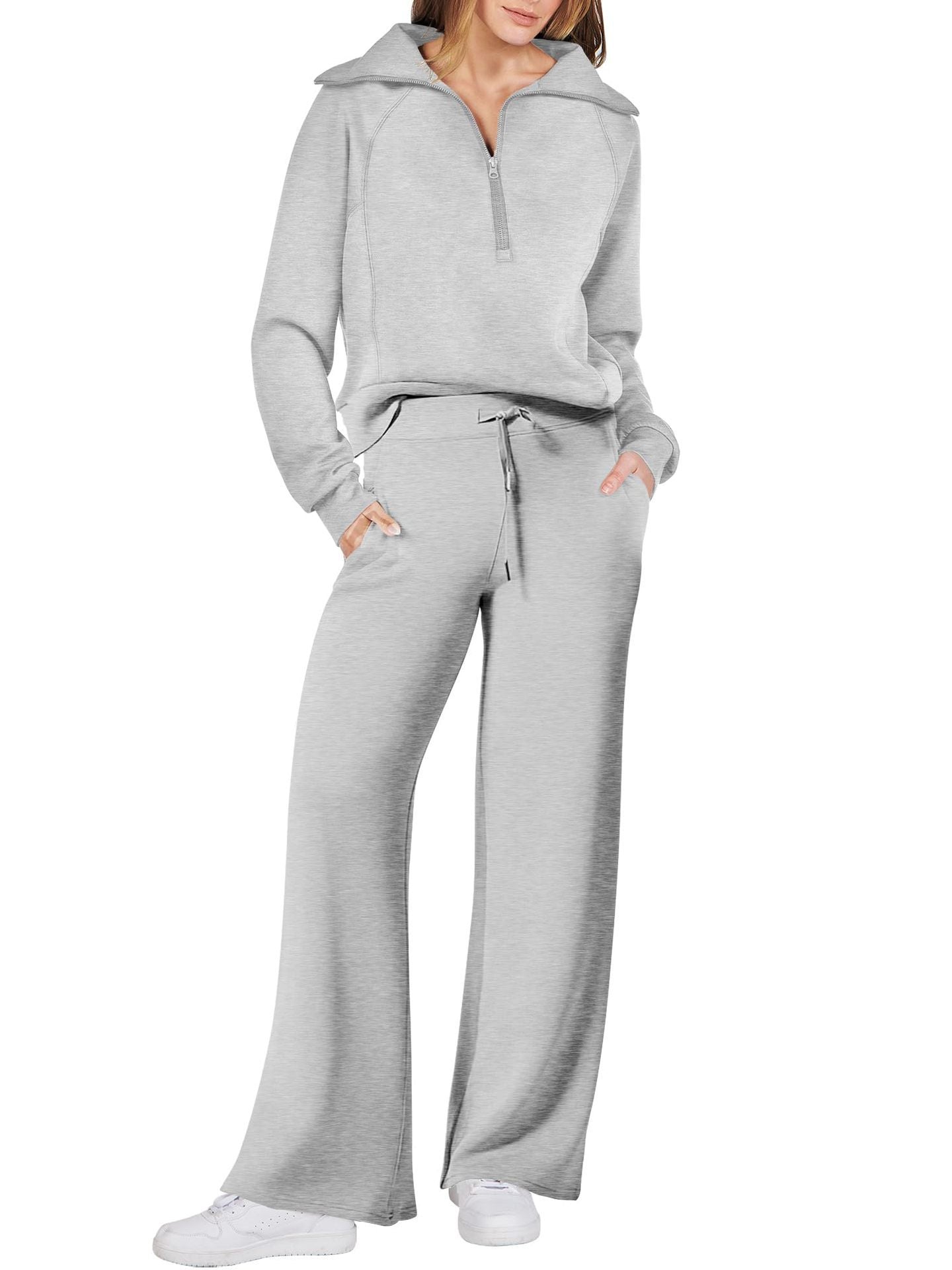 Leisure Sports Suit Long-Sleeve Zipper Sweatshirt Wide Leg Pants Two-Piece Set