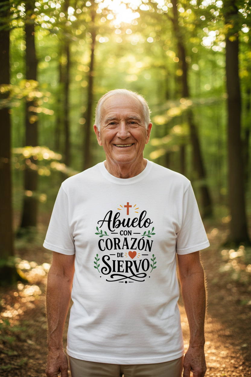 Abuelo en bosque con camiseta