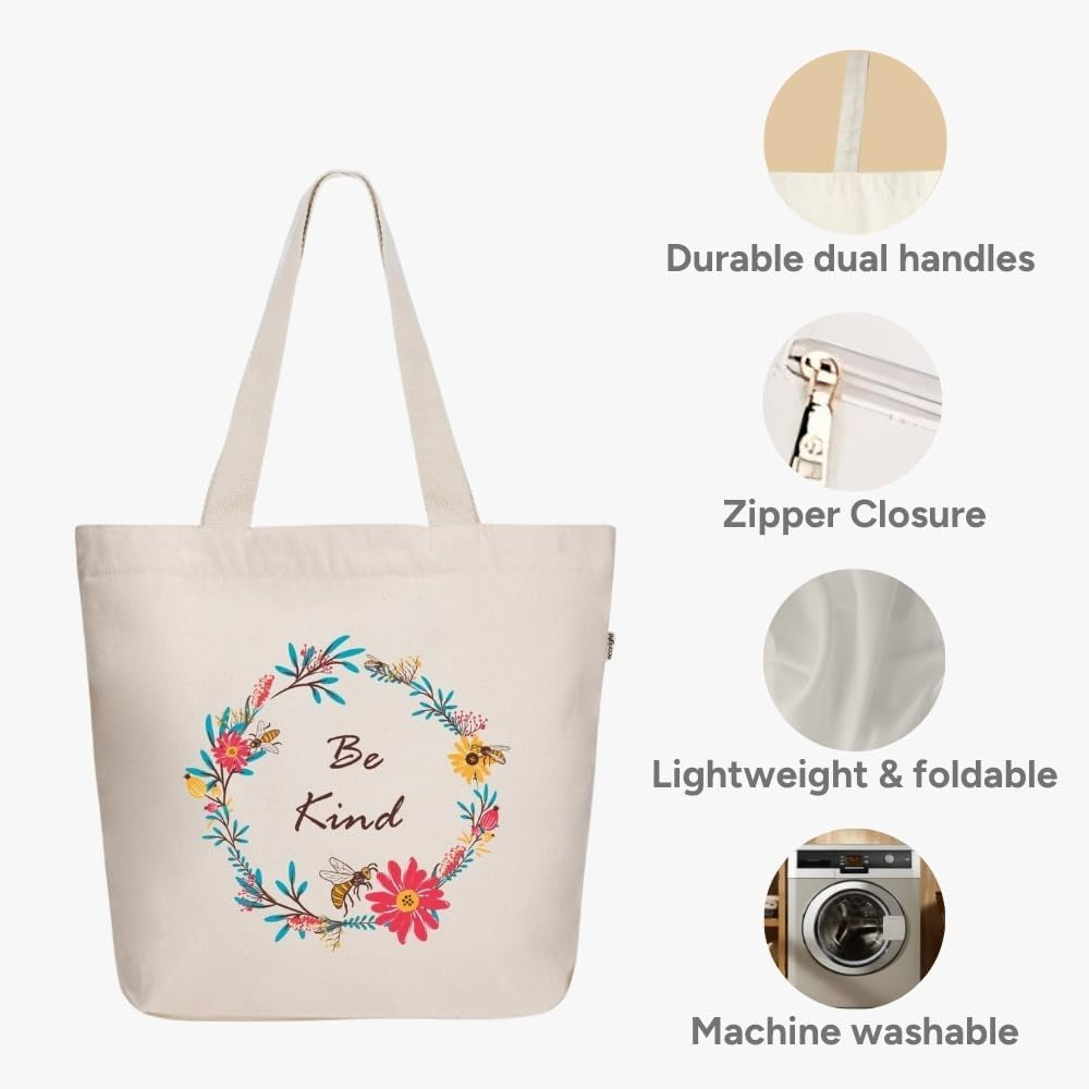  Tote Bag Aesthetic Canvas for Women Large Zipper  with Pocket