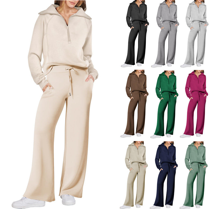 Leisure Sports Suit Long-Sleeve Zipper Sweatshirt Wide Leg Pants Two-Piece Set