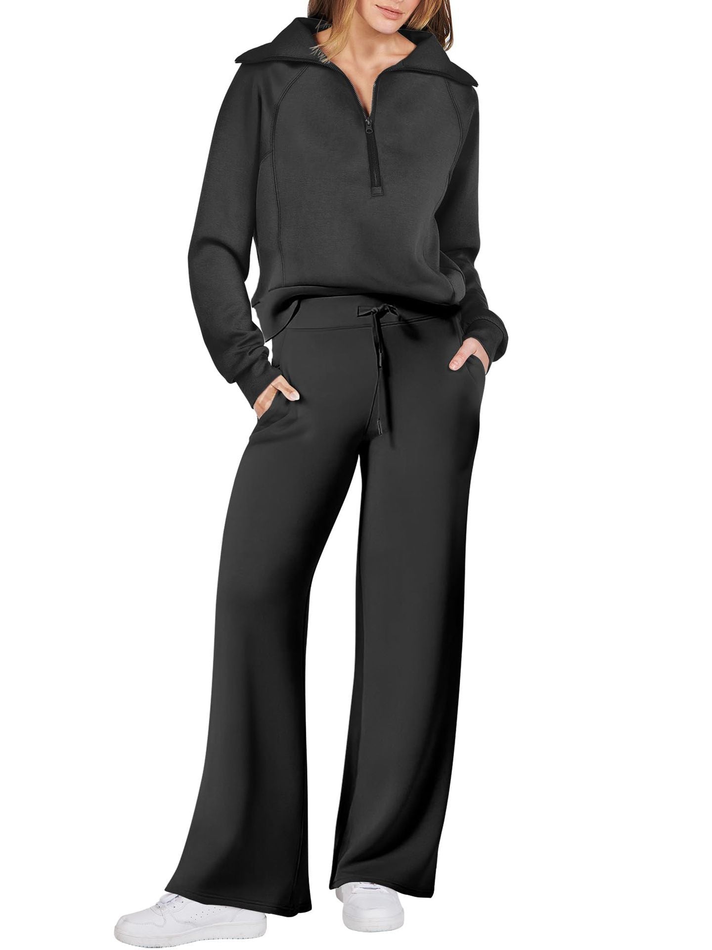 Leisure Sports Suit Long-Sleeve Zipper Sweatshirt Wide Leg Pants Two-Piece Set