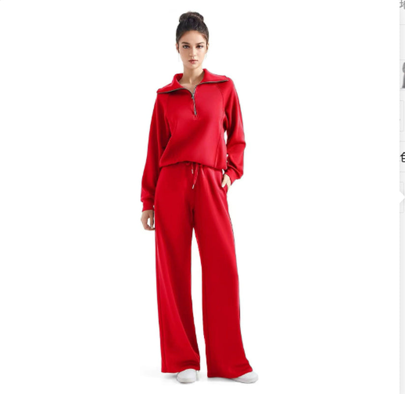 Leisure Sports Suit Long-Sleeve Zipper Sweatshirt Wide Leg Pants Two-Piece Set